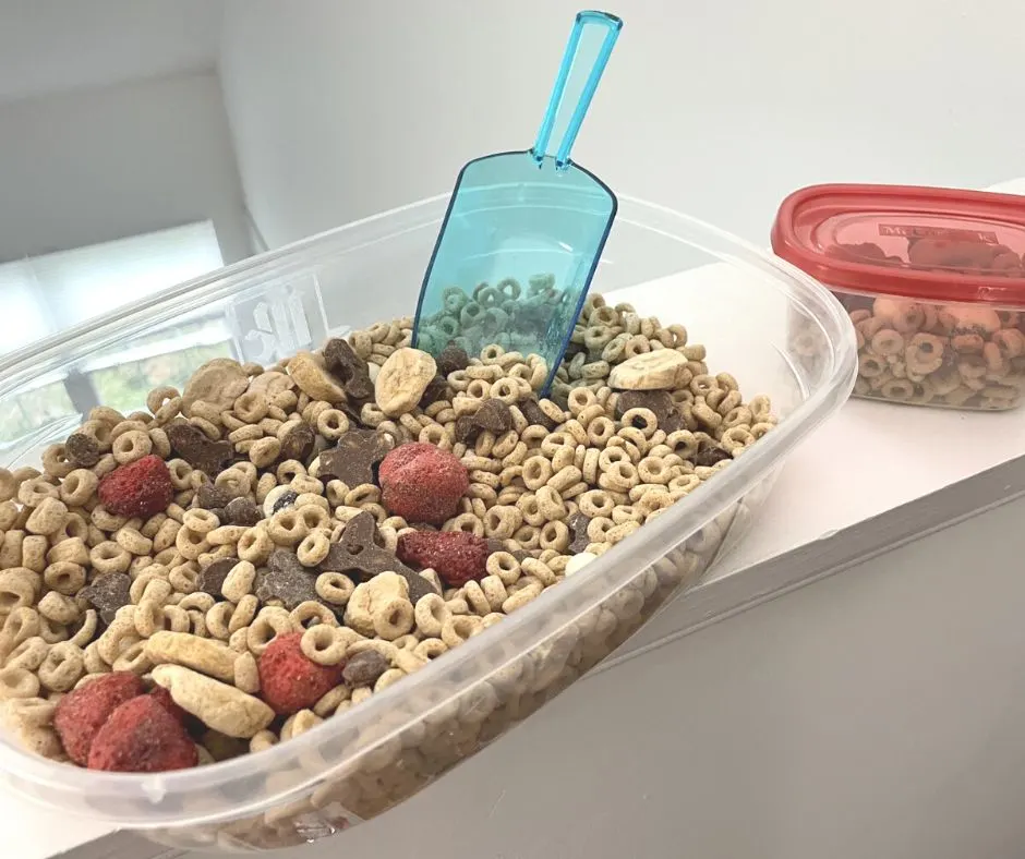 plastic container with plastic scoop of trail mix from Dollar Tree, white background