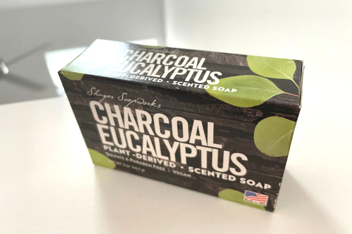 black and green box of charcoal eucalyptus soap