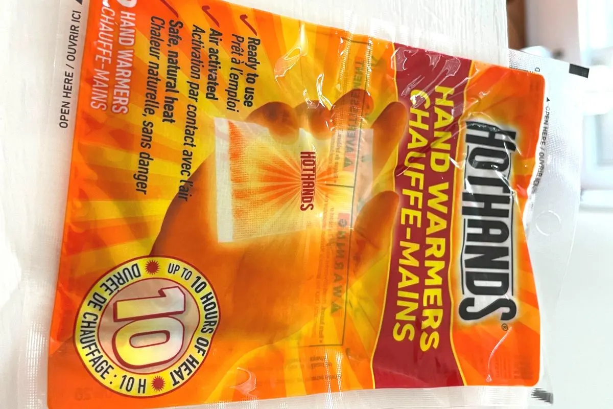 sideways, orange package of hand warmers