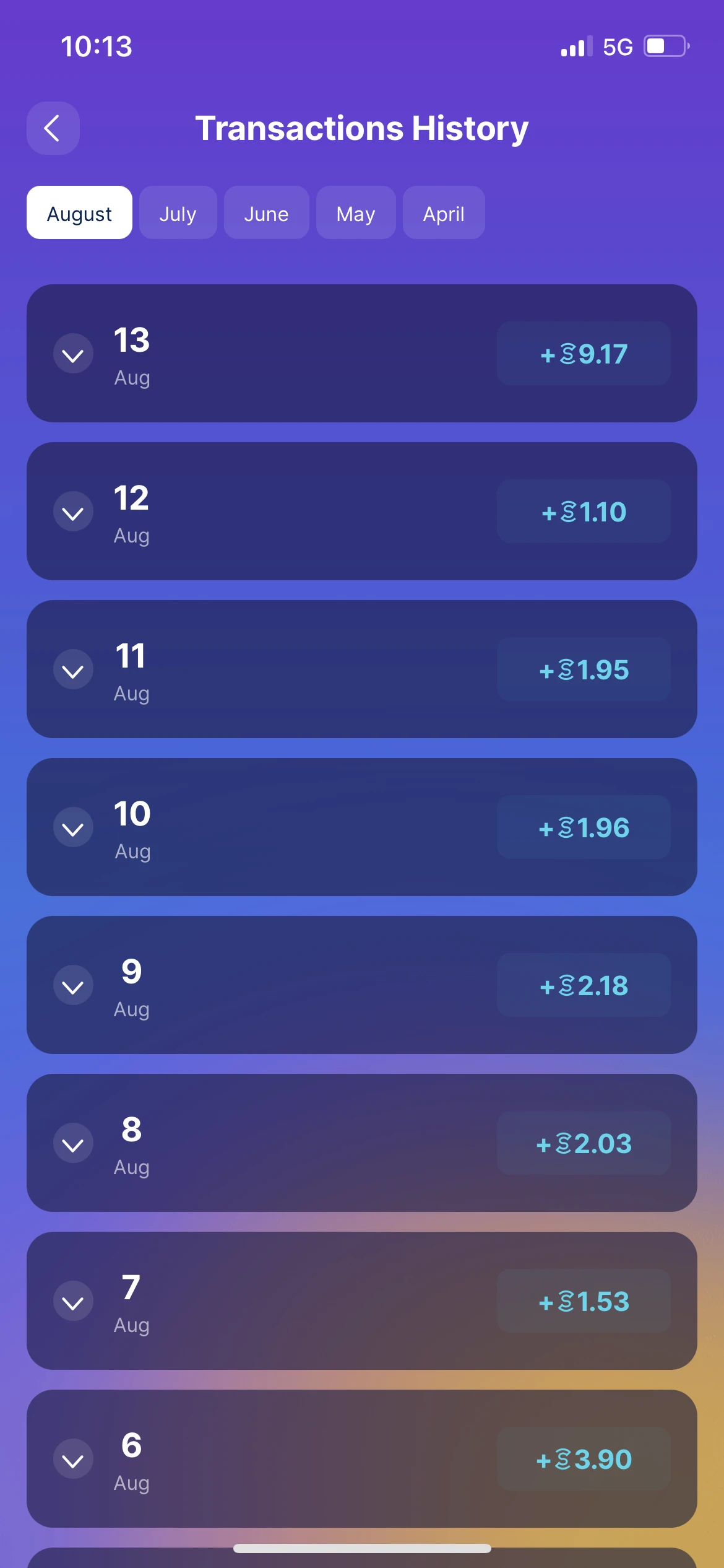 purple and blue background showing each of the last 10 days and the sweatcoins earned between 1-9 each day