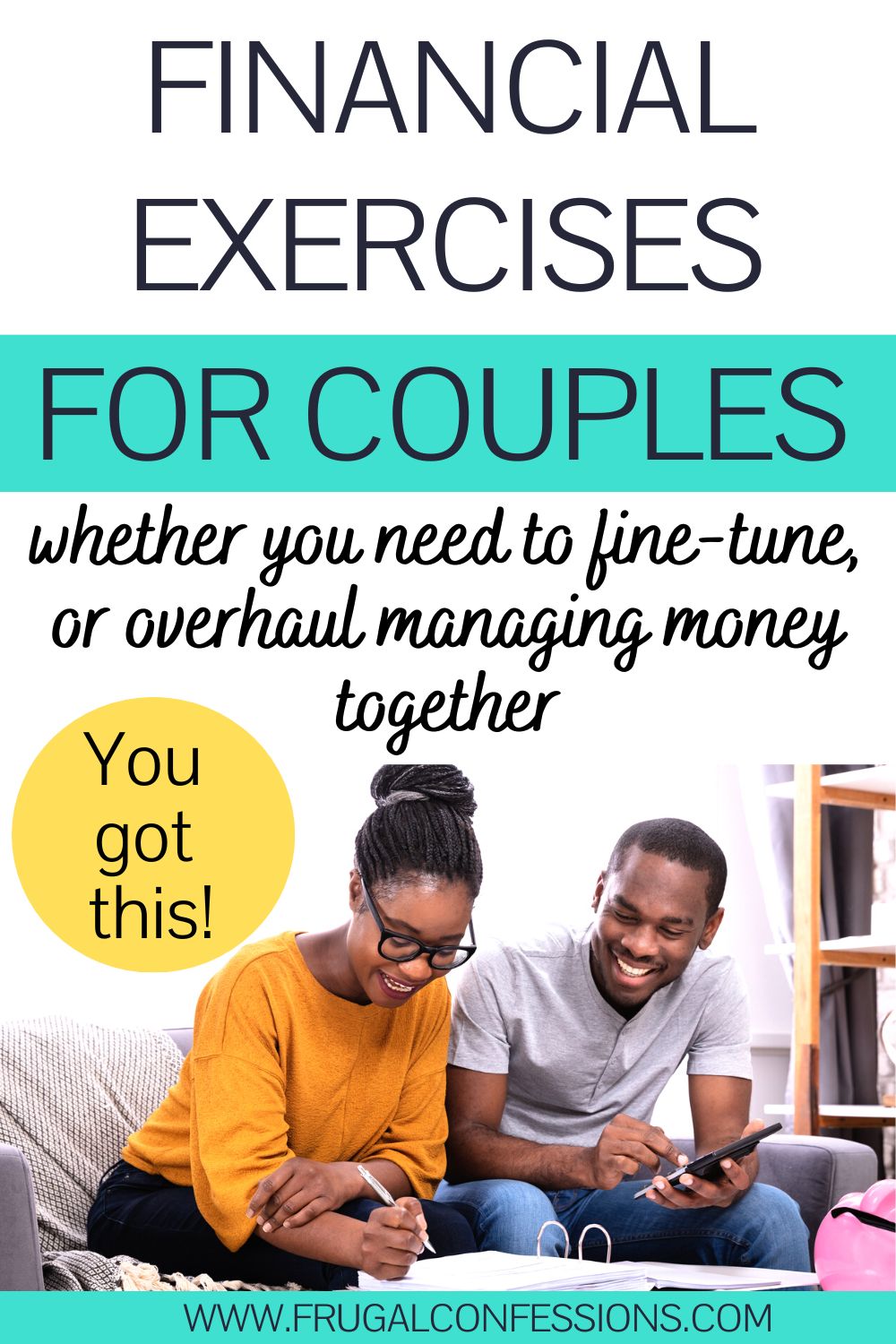 couple smiling on couch working on finances, text overlay "financial exercises for couples"