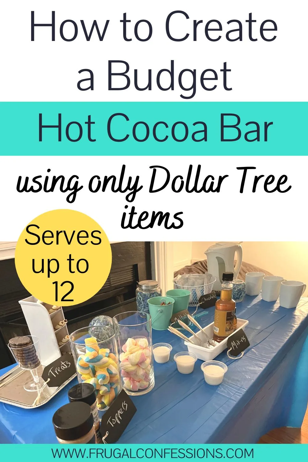 hot chocolate bar on blue tablecloth, text overlay