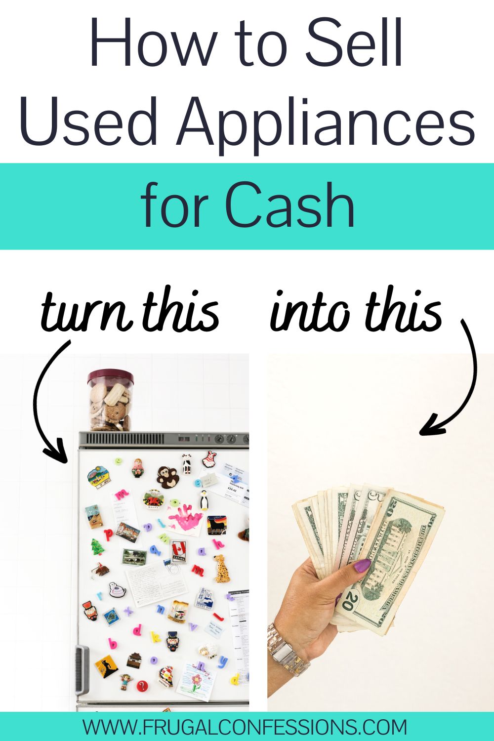old refrigerator with lots of magnets next to cash, text overlay 