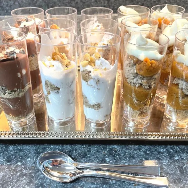 silver tray of easy make ahead dessert shooters on kitchen counter