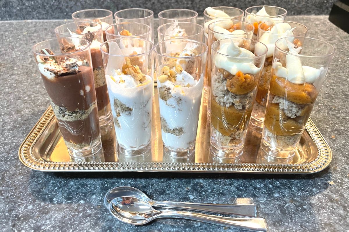 silver tray of easy make ahead dessert shooters on kitchen counter