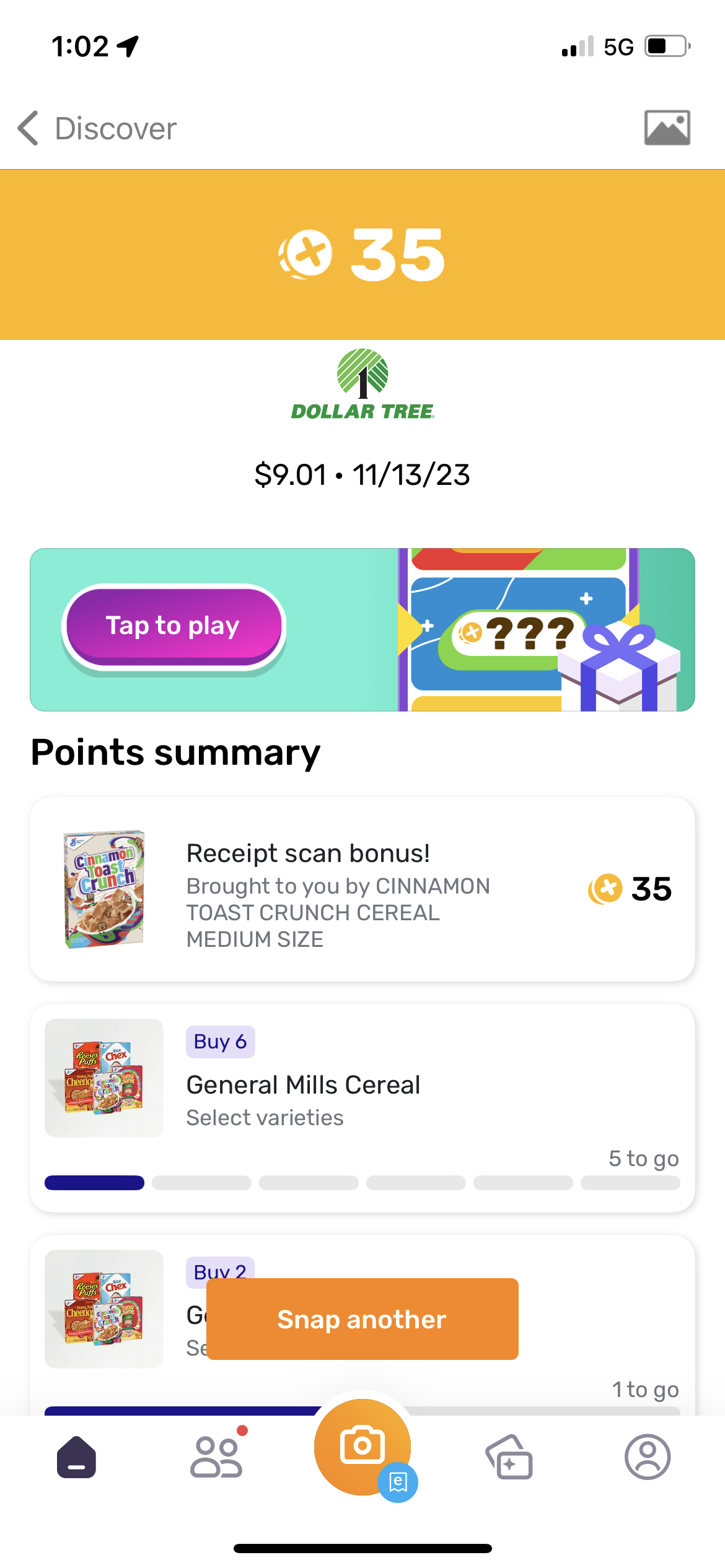 Dollar Tree fetch screenshot earning 35 points on $9.01 receipt