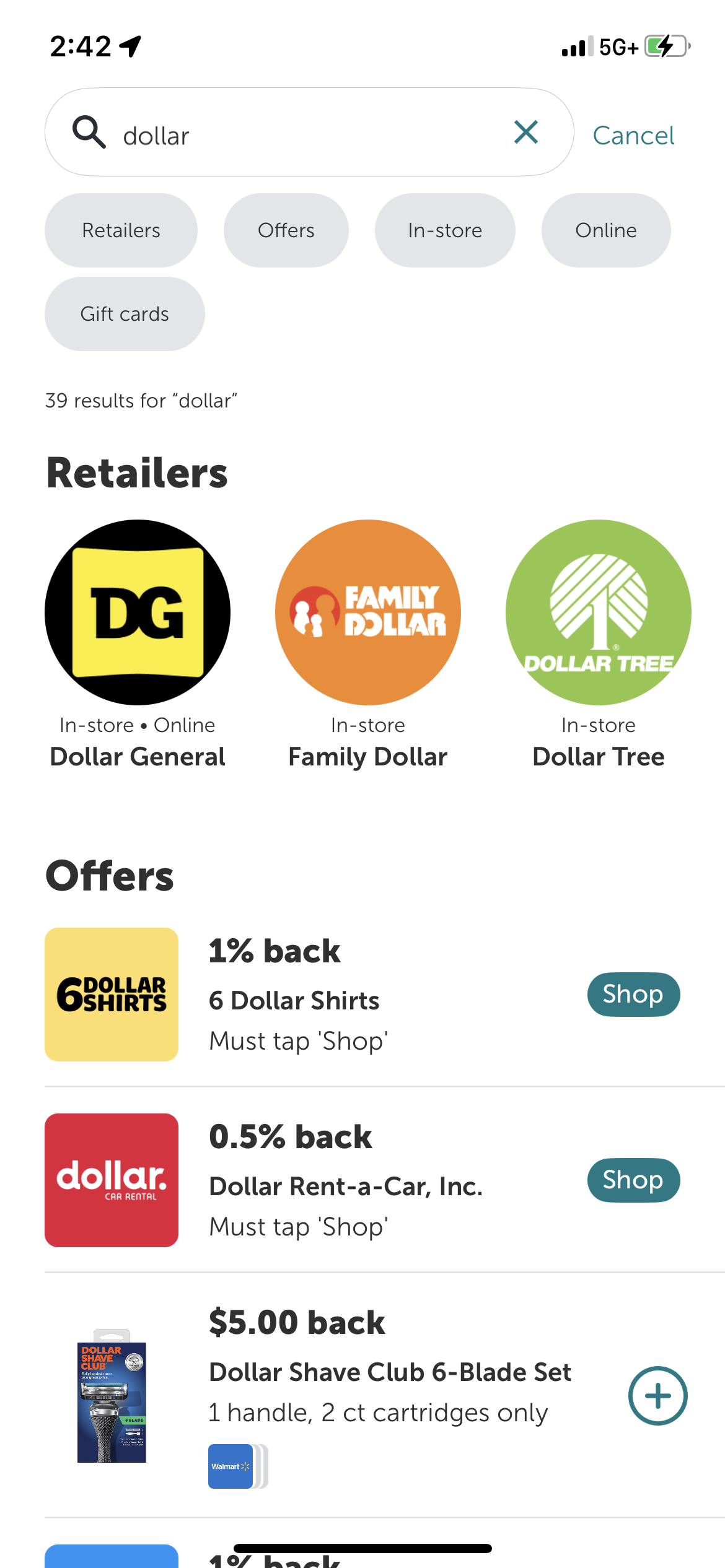 ibotta screen showing Dollar General, Family Dollar, and Dollar Tree logos