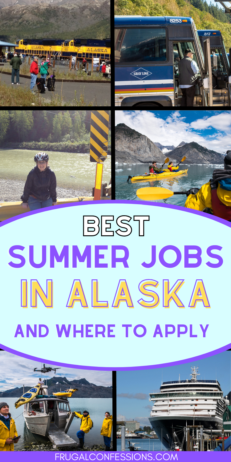 collage of Alaska jobs with cruise ship, kayak guide, train, etc., text overlay 
