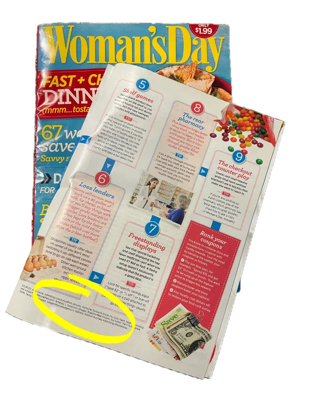 Woman's Day magazine opened, author's contribution circled