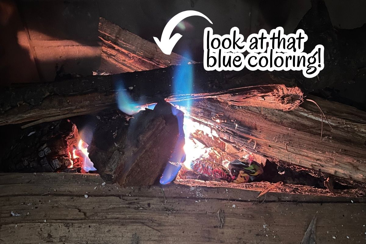 fire in fireplace showing beautiful blue-teal coloring