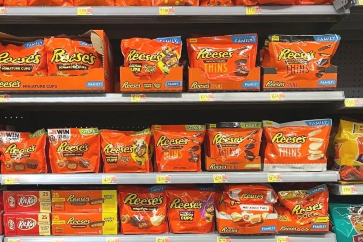 wall of reese's products in a Walmart