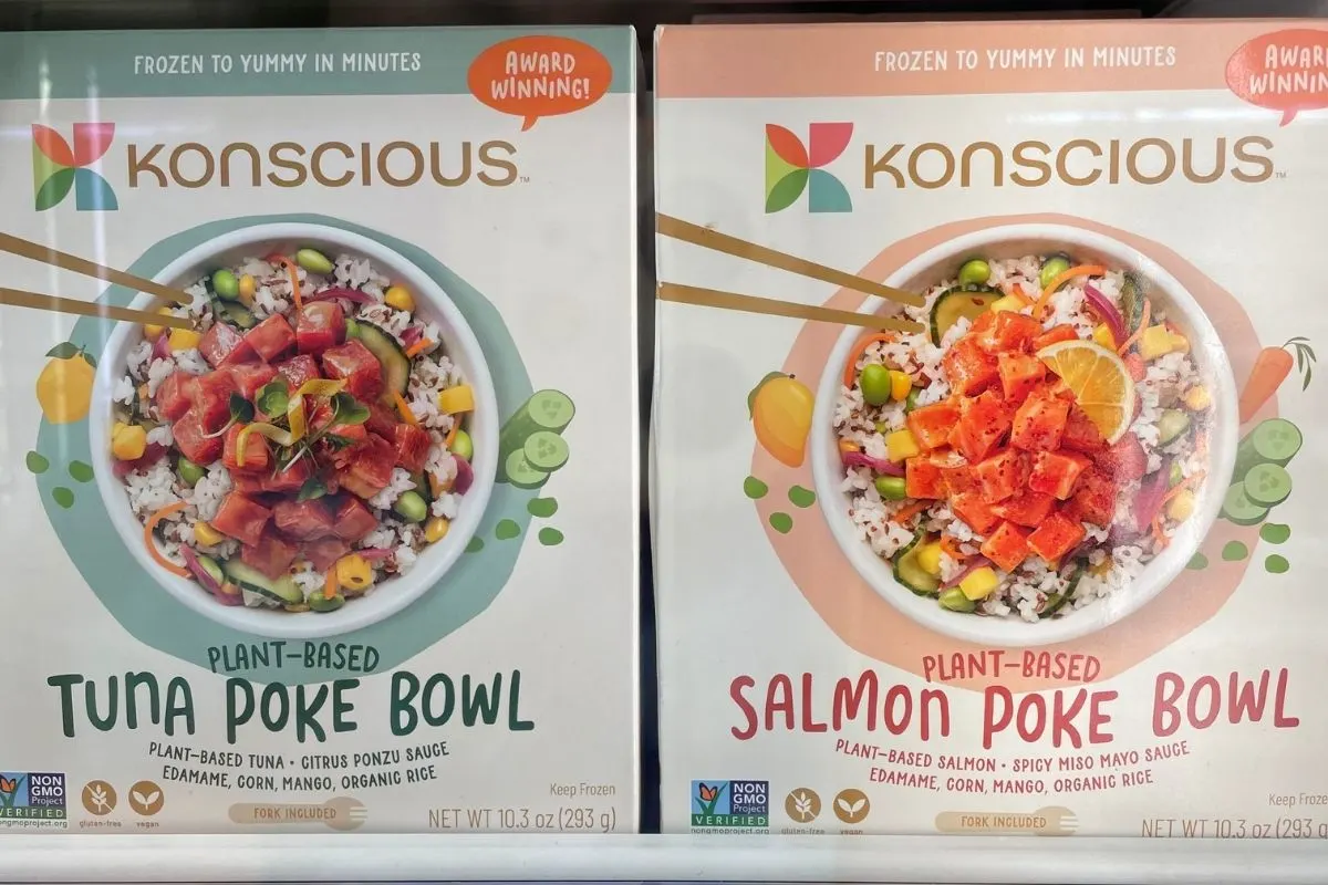 salmon and tuna plant-based poke bowls on shelf