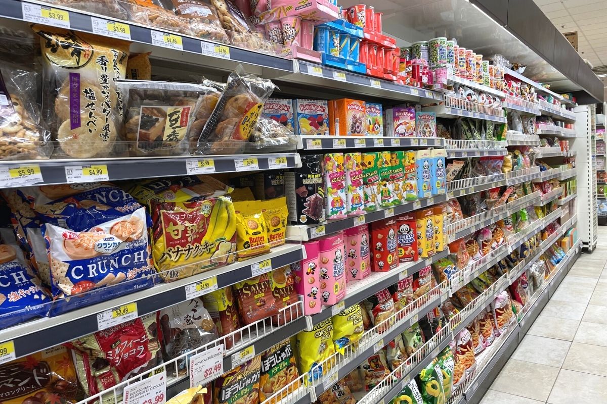 entire Asian grocery store snacks aisle - very colorful