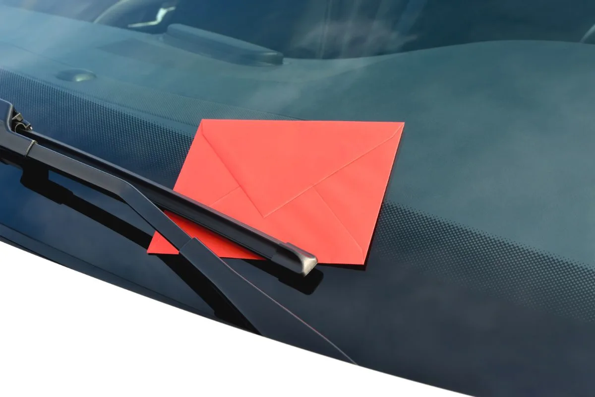 red envelope love letter underneath windshield of partner's car