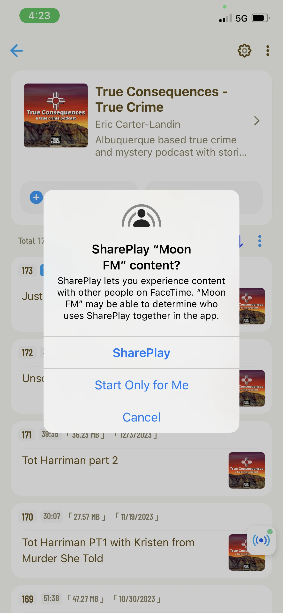 screen showing SharePlay Moon FM Content option