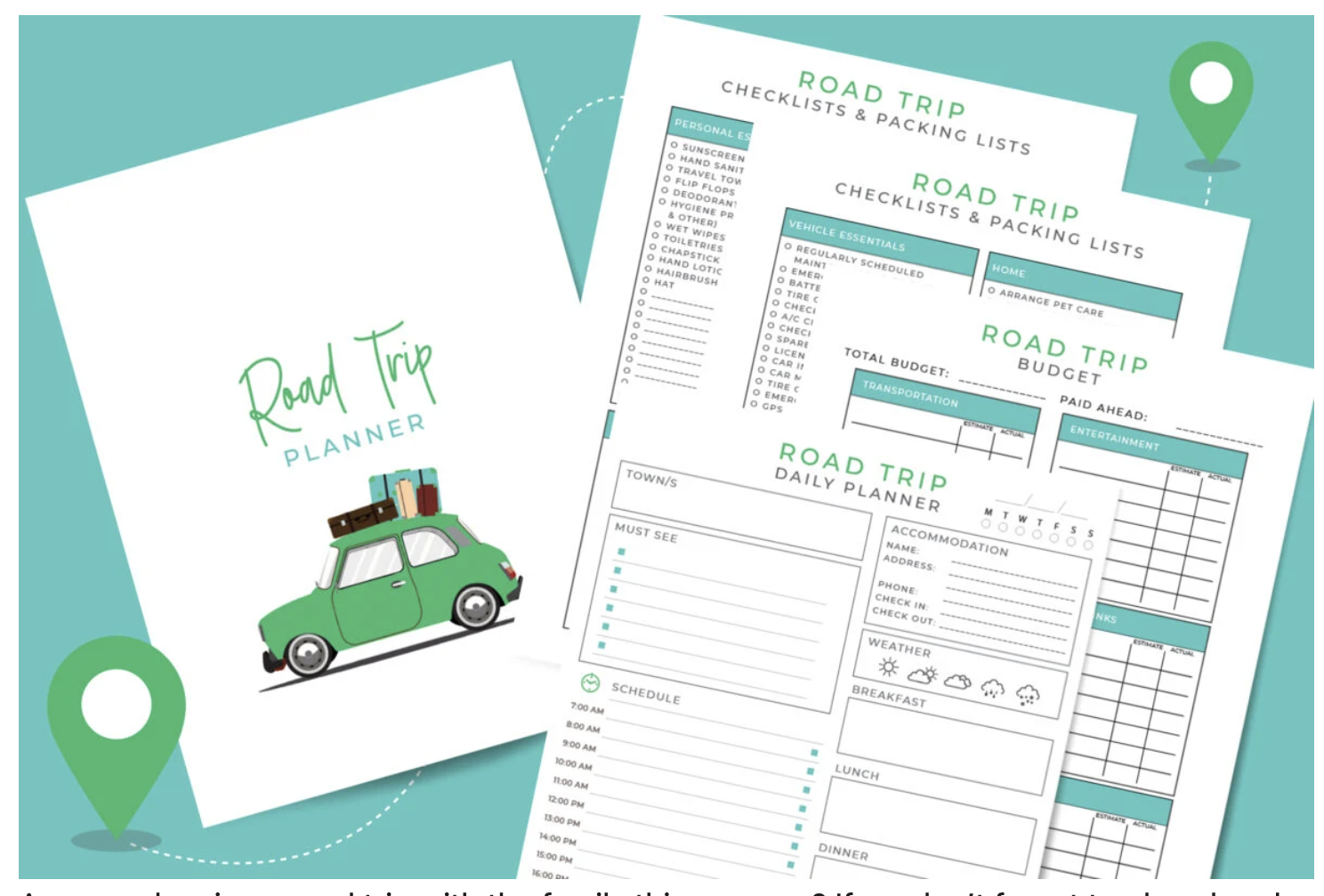 green and blue road trip budget planner pages on teal background