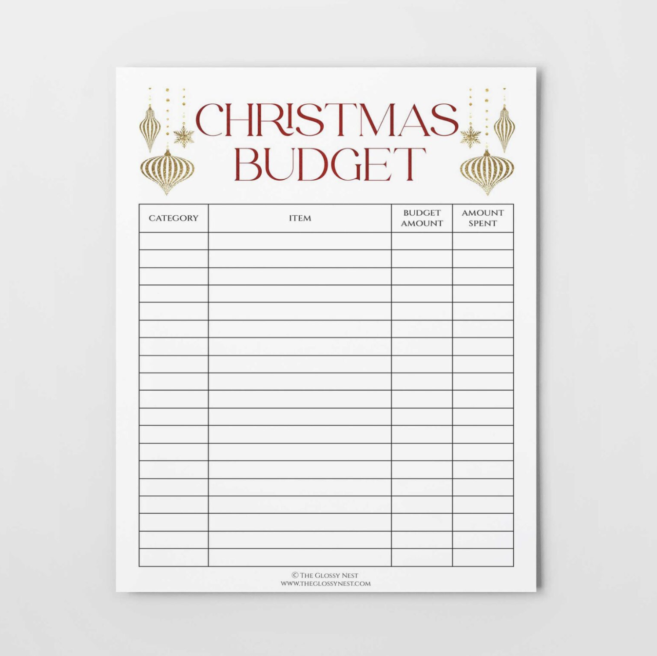 simple columns and rows Christmas Budget printable sheet with lovely gold ornaments on top