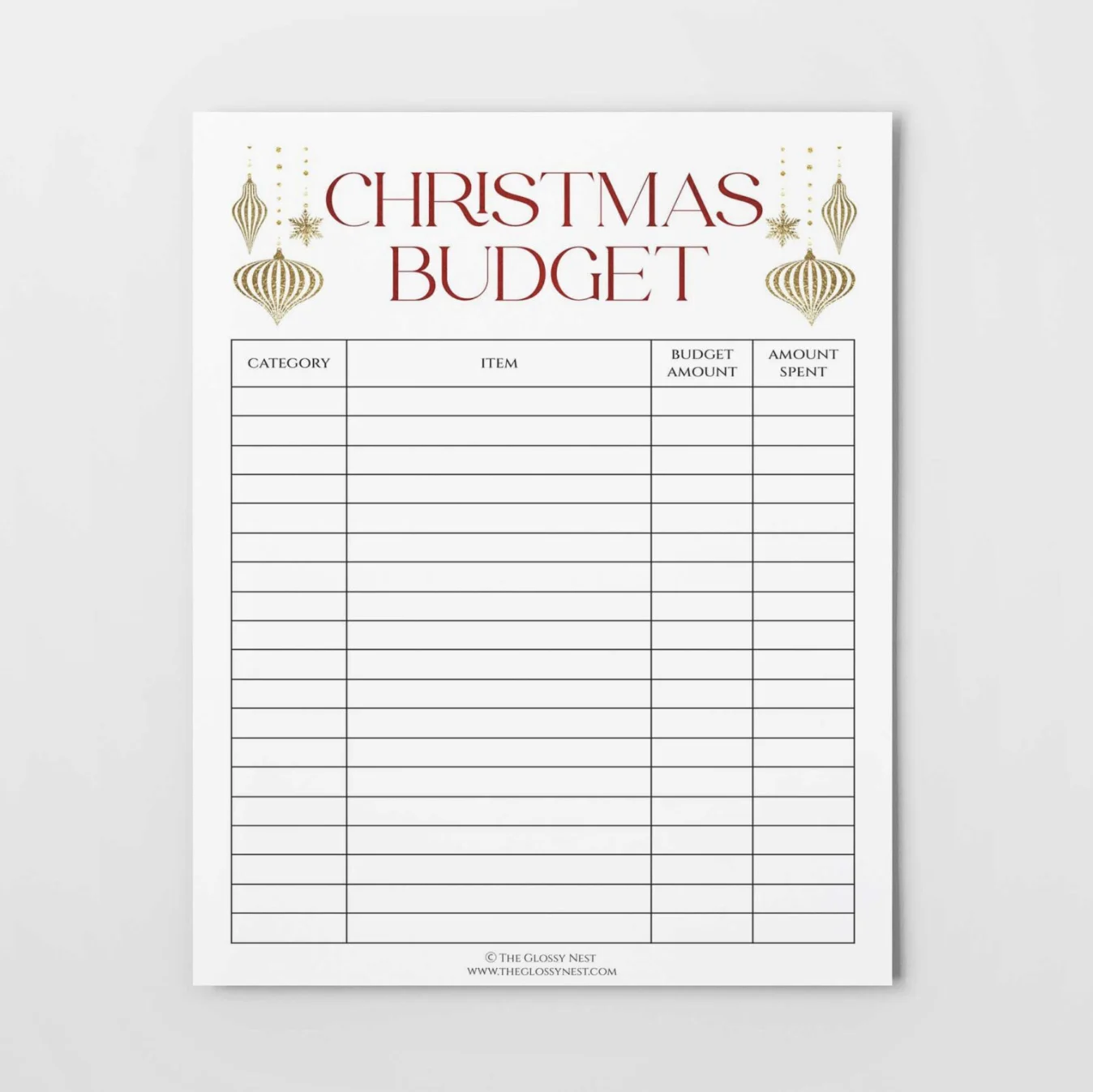 simple columns and rows Christmas Budget printable sheet with lovely gold ornaments on top
