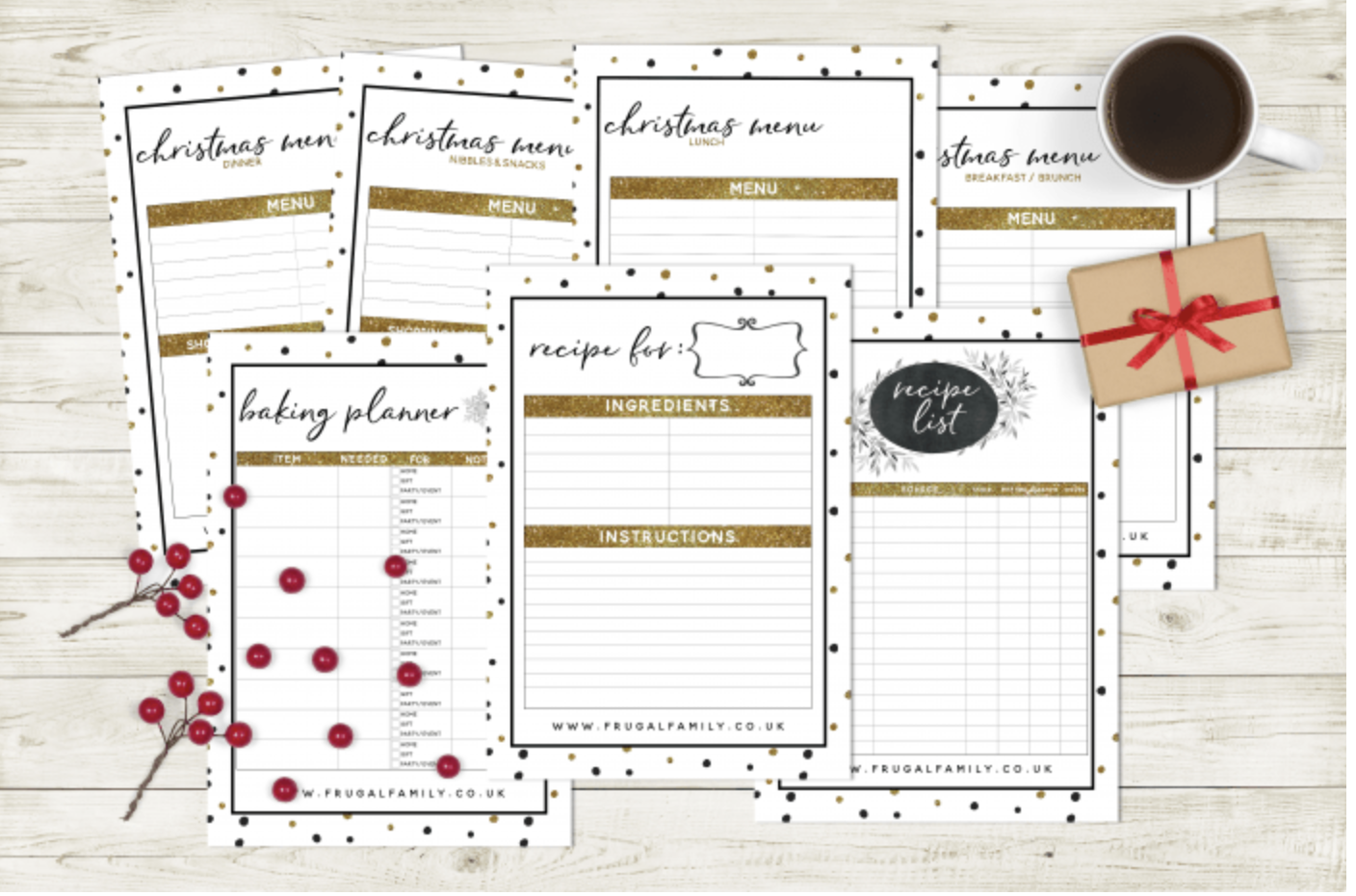 set of gold and white Christmas planner printables with Christmas budget planner template, too