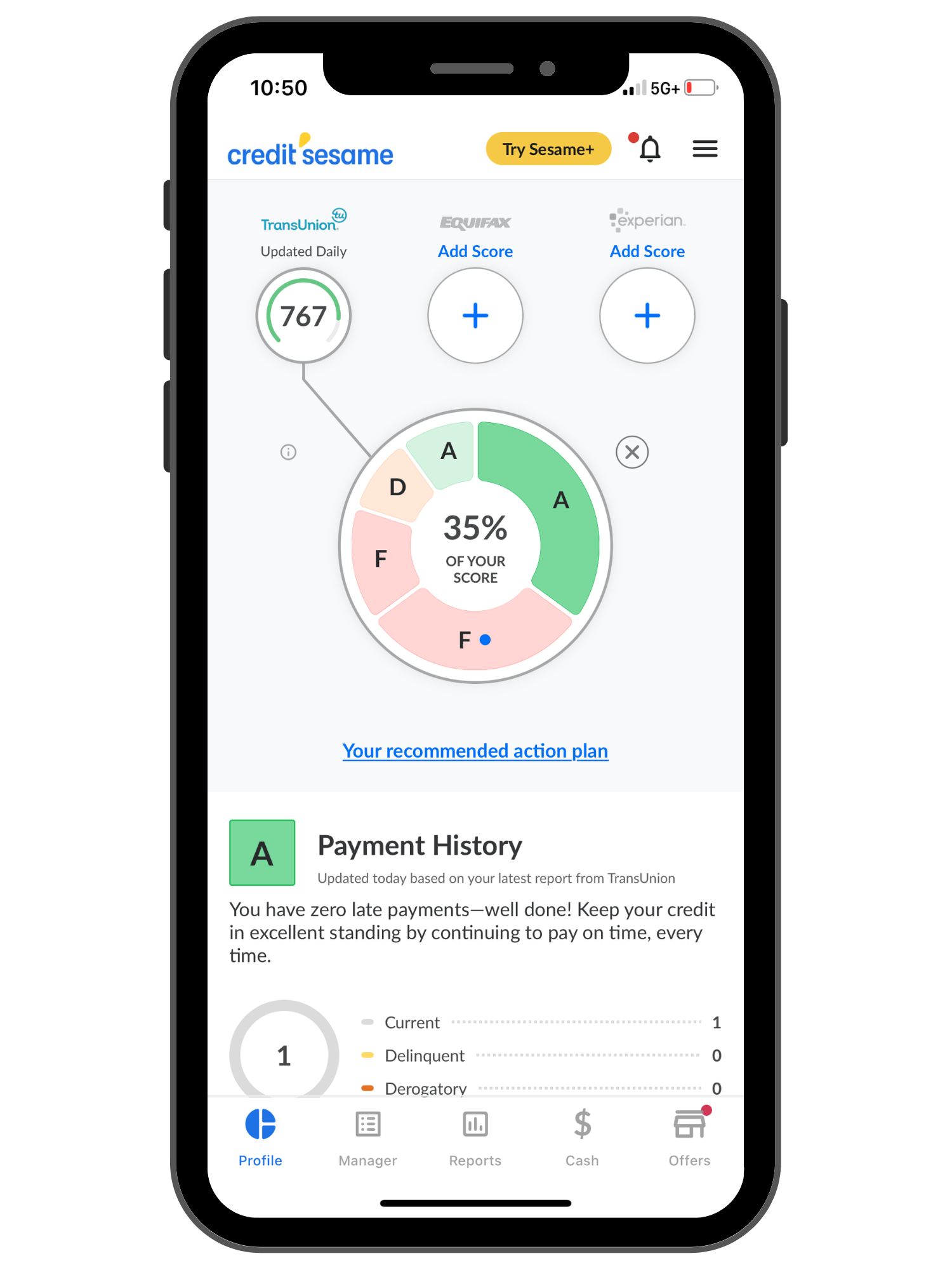 Credit Sesame App TransUnion credit score example pie graph on mobile flatlay