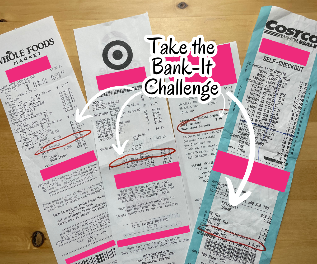 four receipts on wooden desk, with savings circled on each receipt