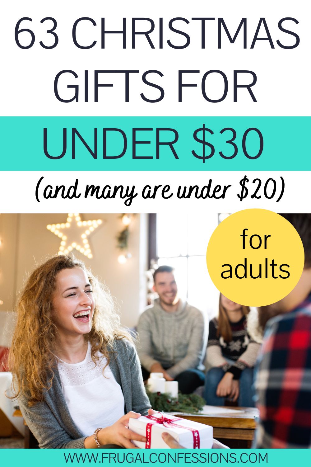 woman smiling and taking Christmas gift from boyfriend, text overlay "63 Christmas gifts for under $30"