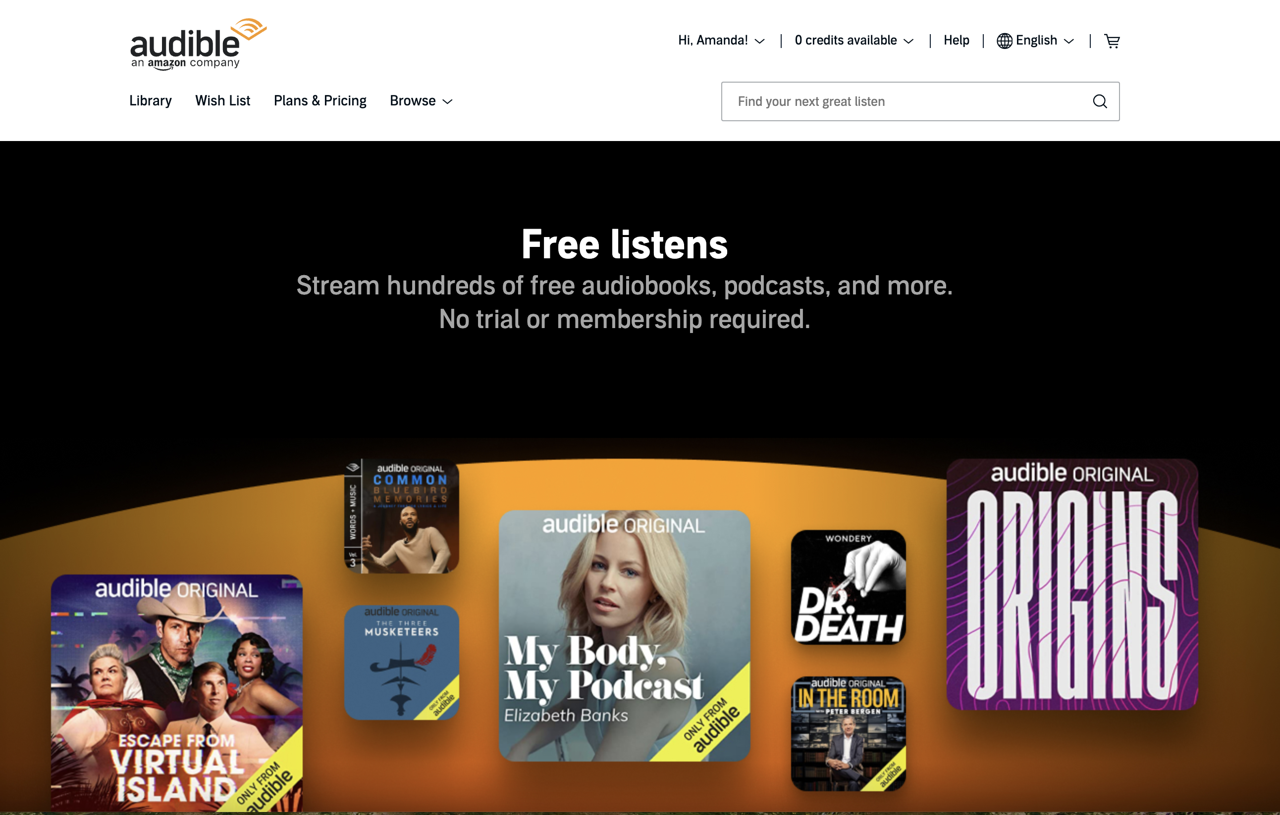 Free Listens audible page showing lots of options