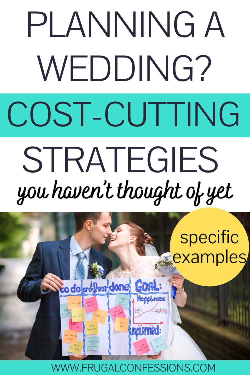 couple just having gotten married with to do planning sign crossed off, text overlay "planning a wedding? cost-cutting strategies"