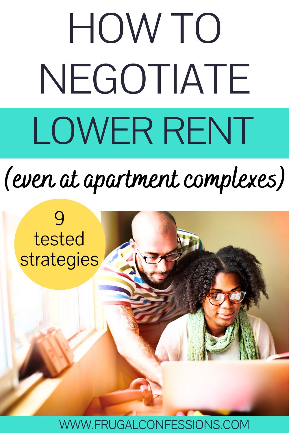 couple looking at computer, smiling, text overlay "how to negotiate lower rent even at apartment complexes"
