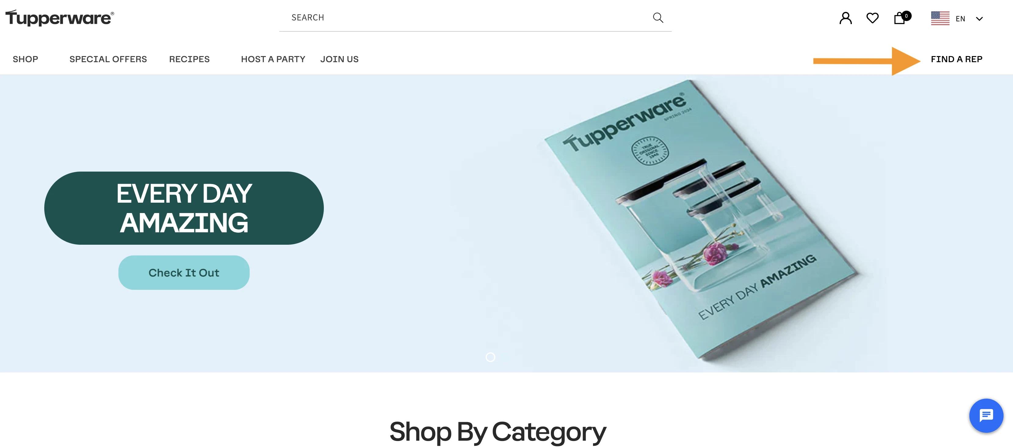 Tupperware's home page with orange arrow pointing to "Find a Rep" button