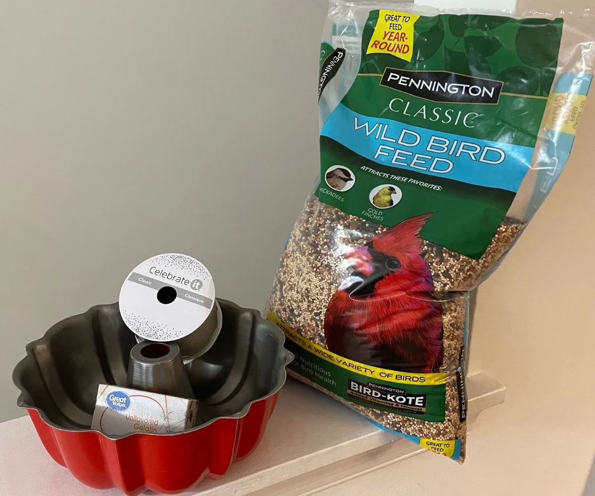 supplies on white background, including birdseed bag, bundt pan, ribbon, and gelatin