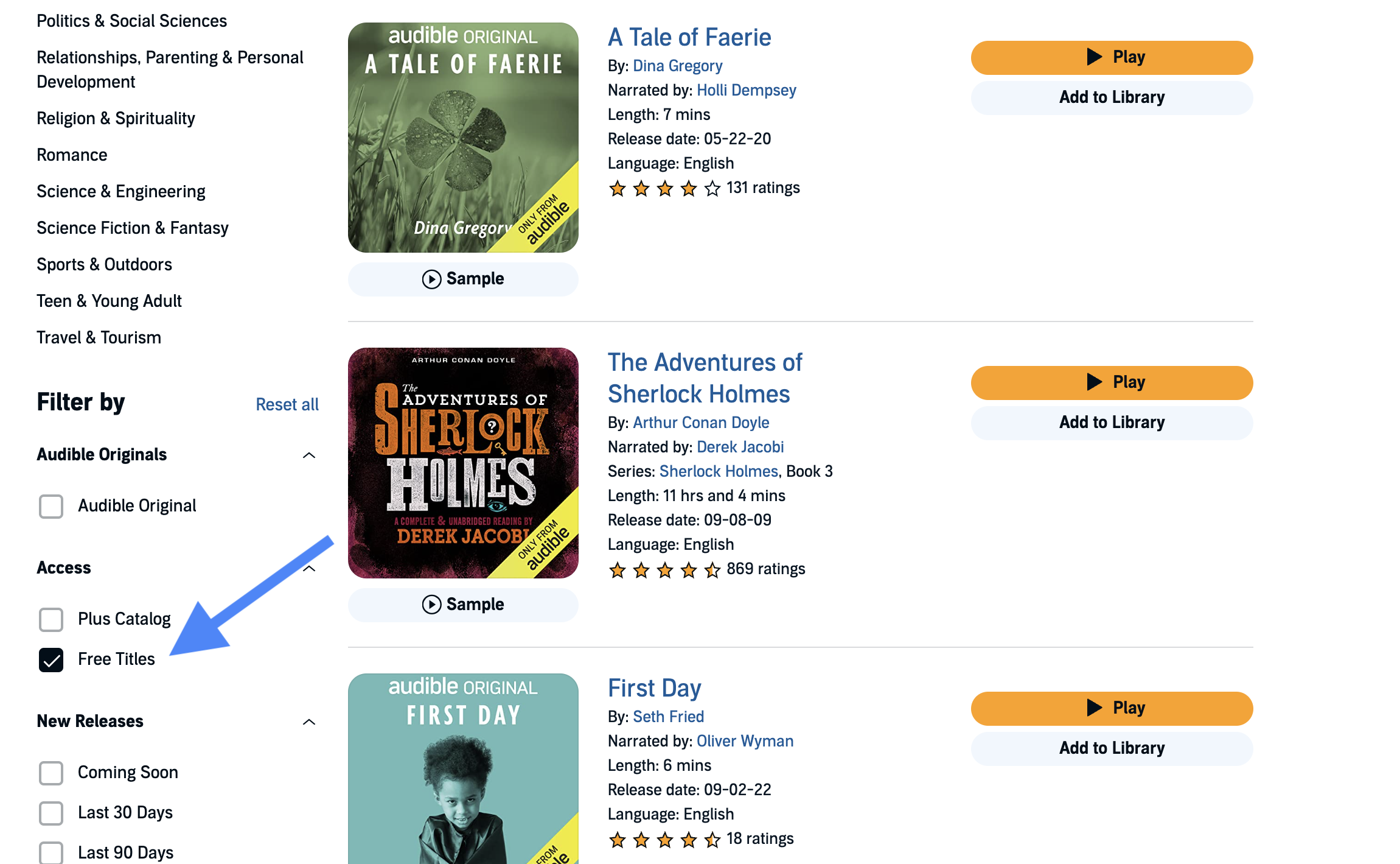 Audiobooks page with "Free Titles" checked off in lefthand sidebar