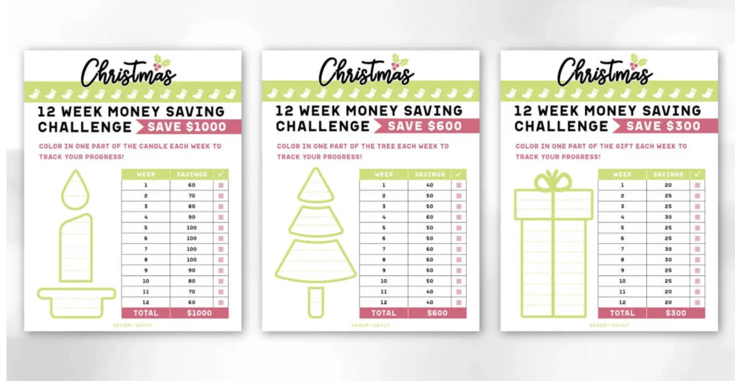 light green, red, and white free printable Christmas Savings challenge trackers