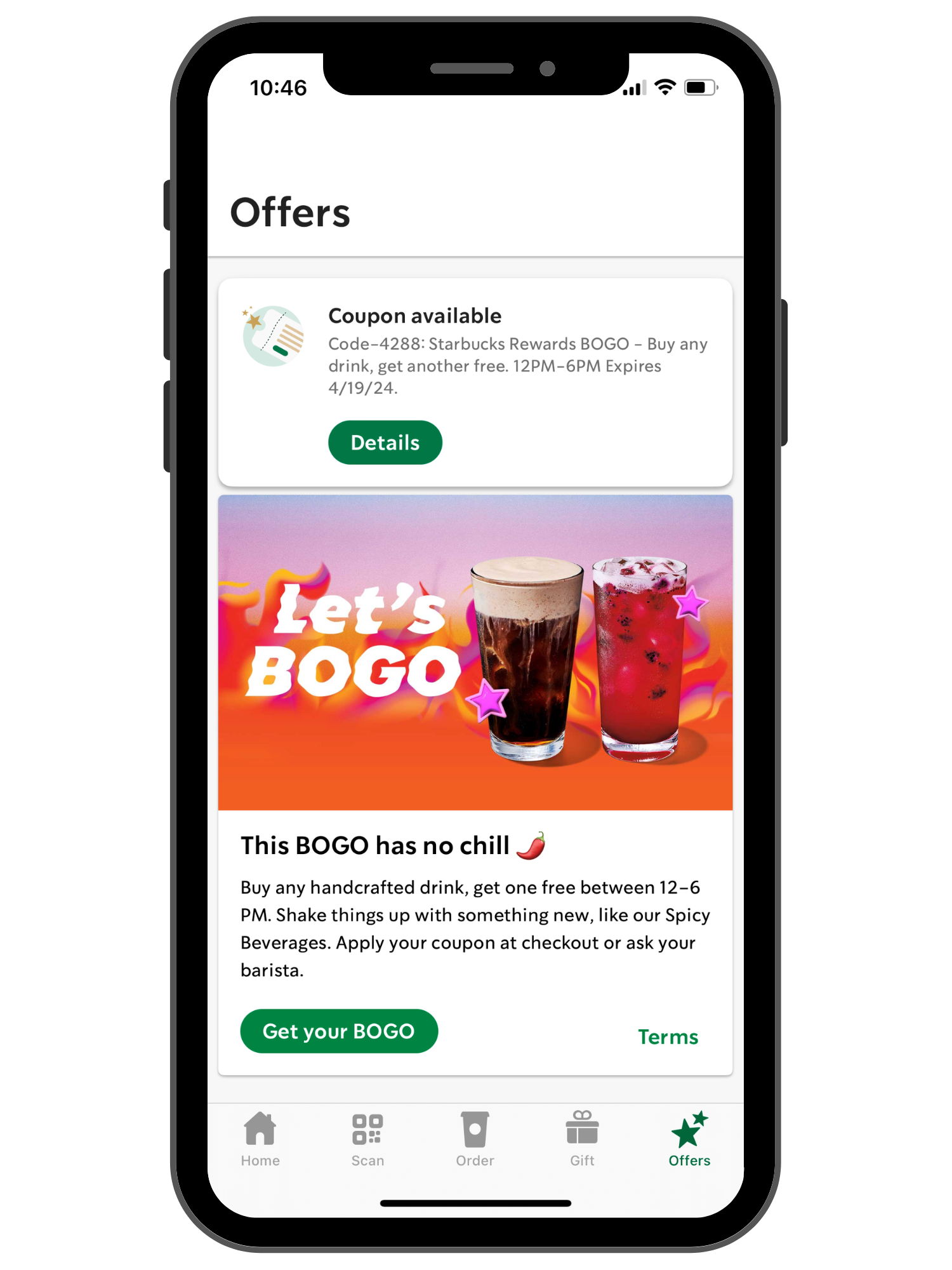 mobile phone with Starbucks app showing coupons