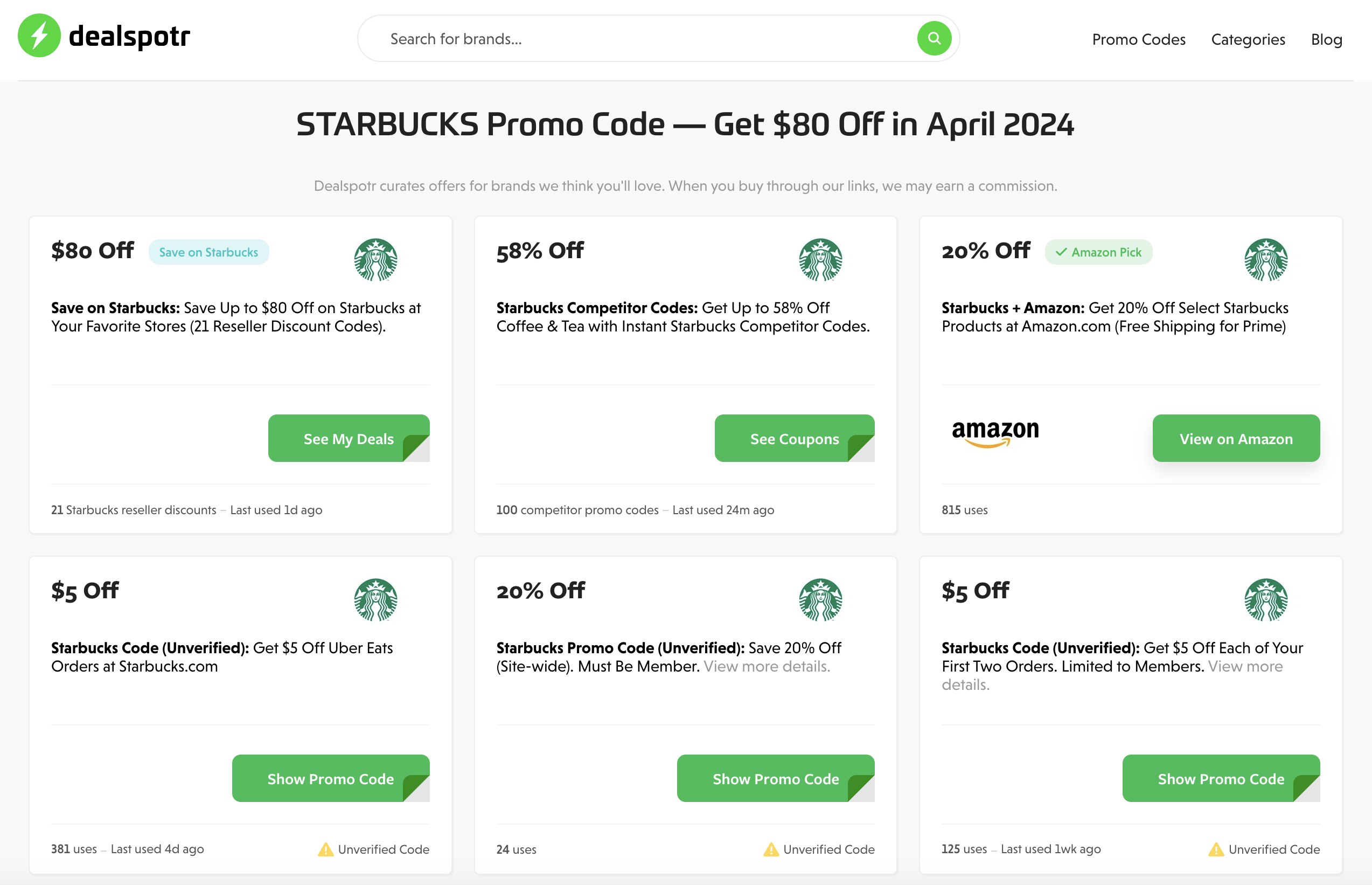 dealspotr screenshot showing a few Starbucks discount promo codes