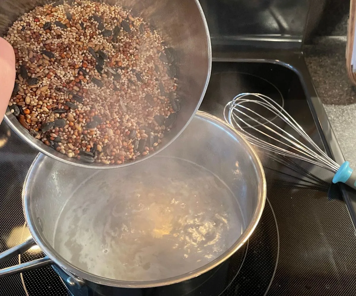 pouring birdseed into boiling water with gelatin dissolved in it