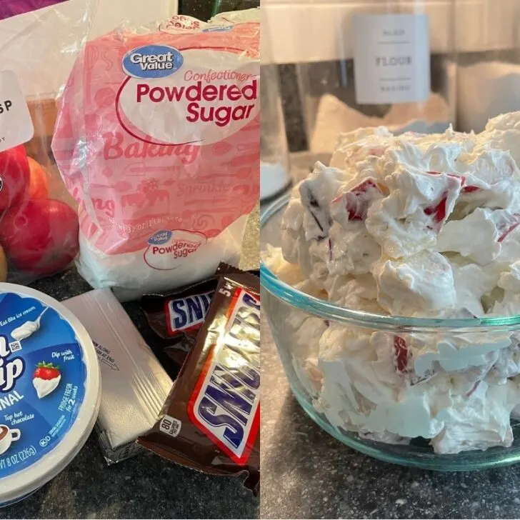 bunch of ingredients next to finished Apple Snickers Dessert Salad