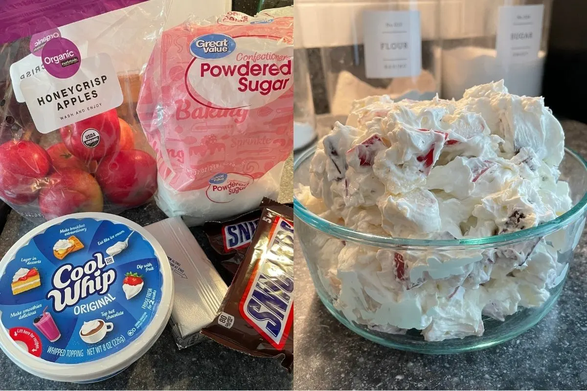 bunch of ingredients next to finished Apple Snickers Dessert Salad