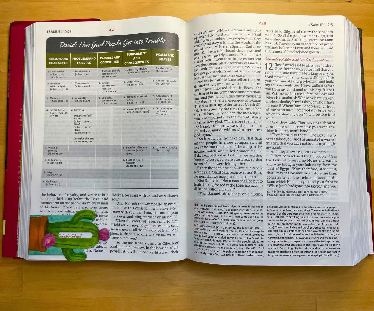 The Woman Study Bible opened, showing cactus magnetic last word bookmark