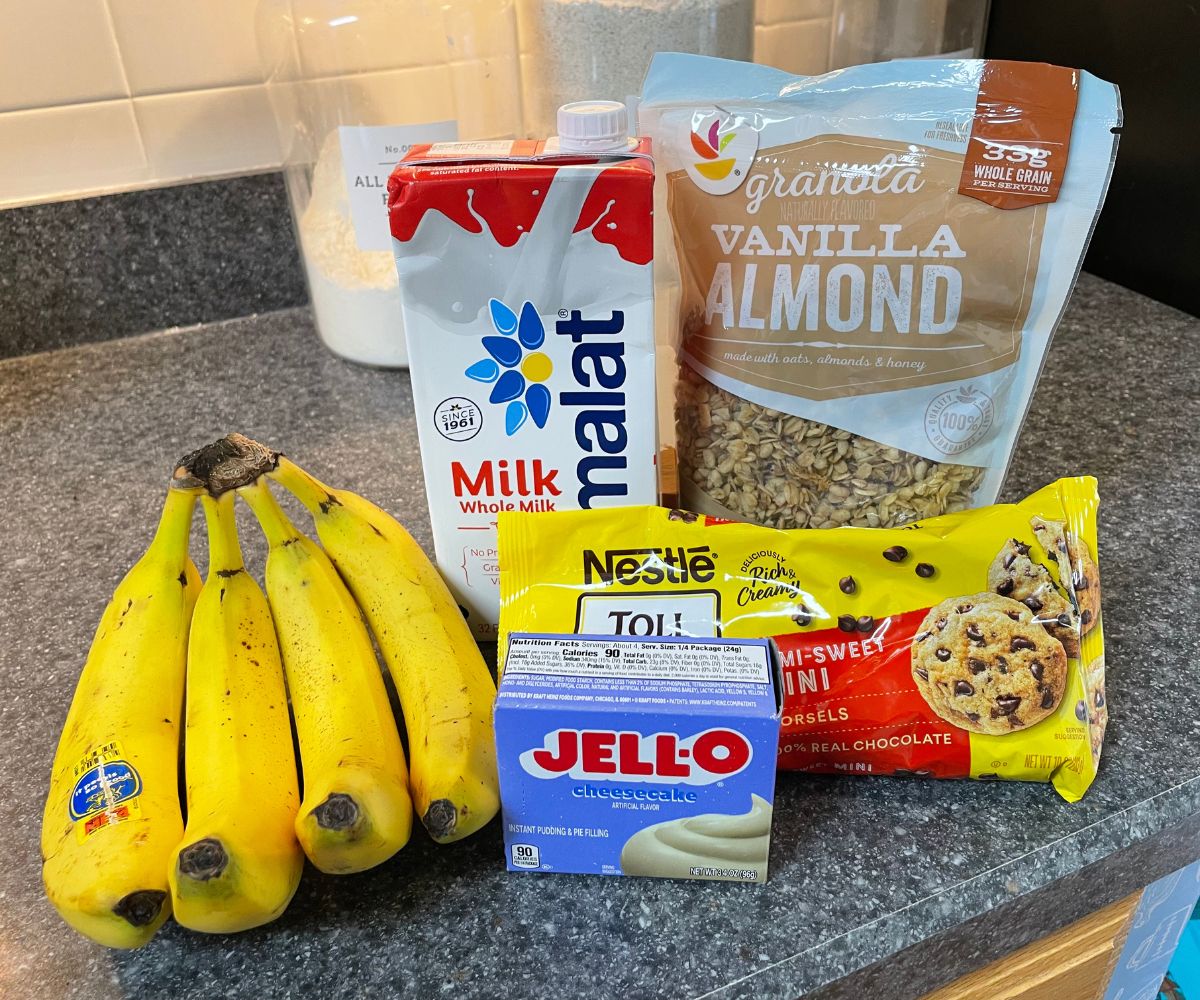 ingredients needed to make the Banana split parfait on kitchen counter