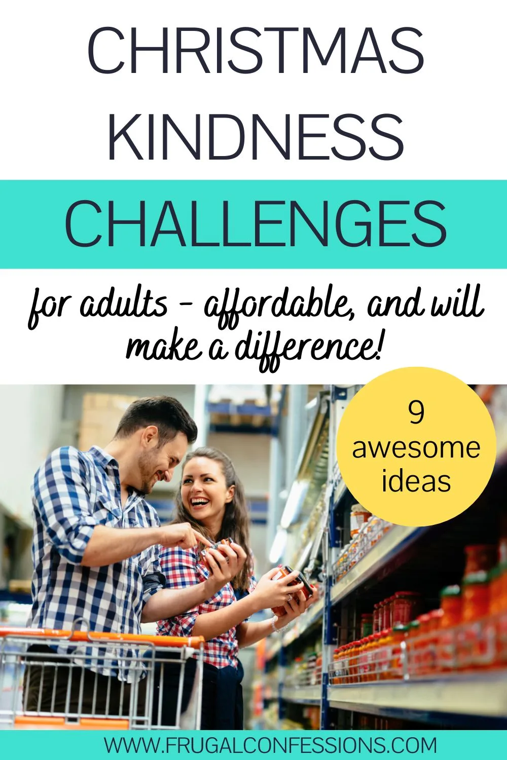 Couple at store having fun together, text overlay "Christmas kindness challenges for adults"