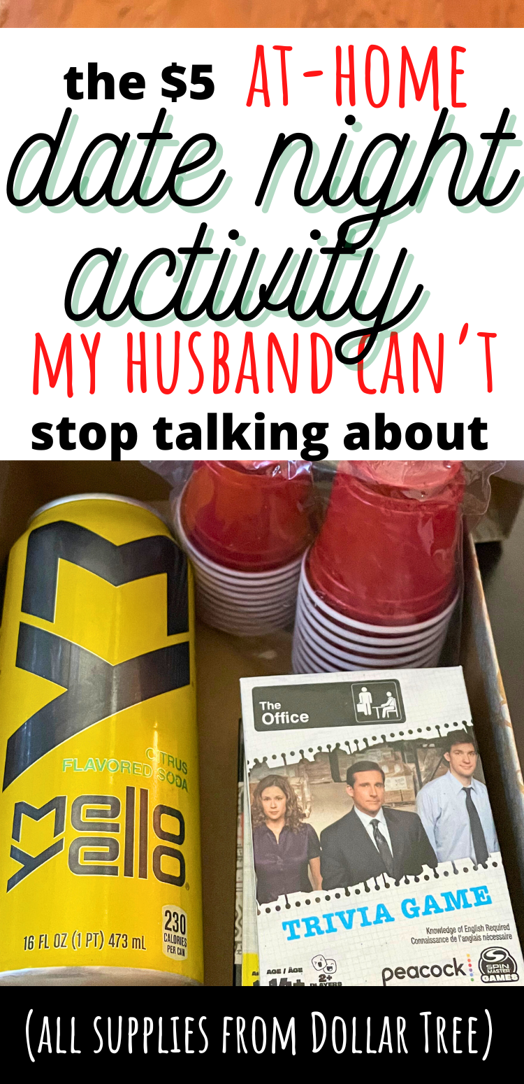 box filled with mello yello, The Office Trivia card game, red cups, text overlay "the $5 at-home date night activity my husband can't stop talking about"