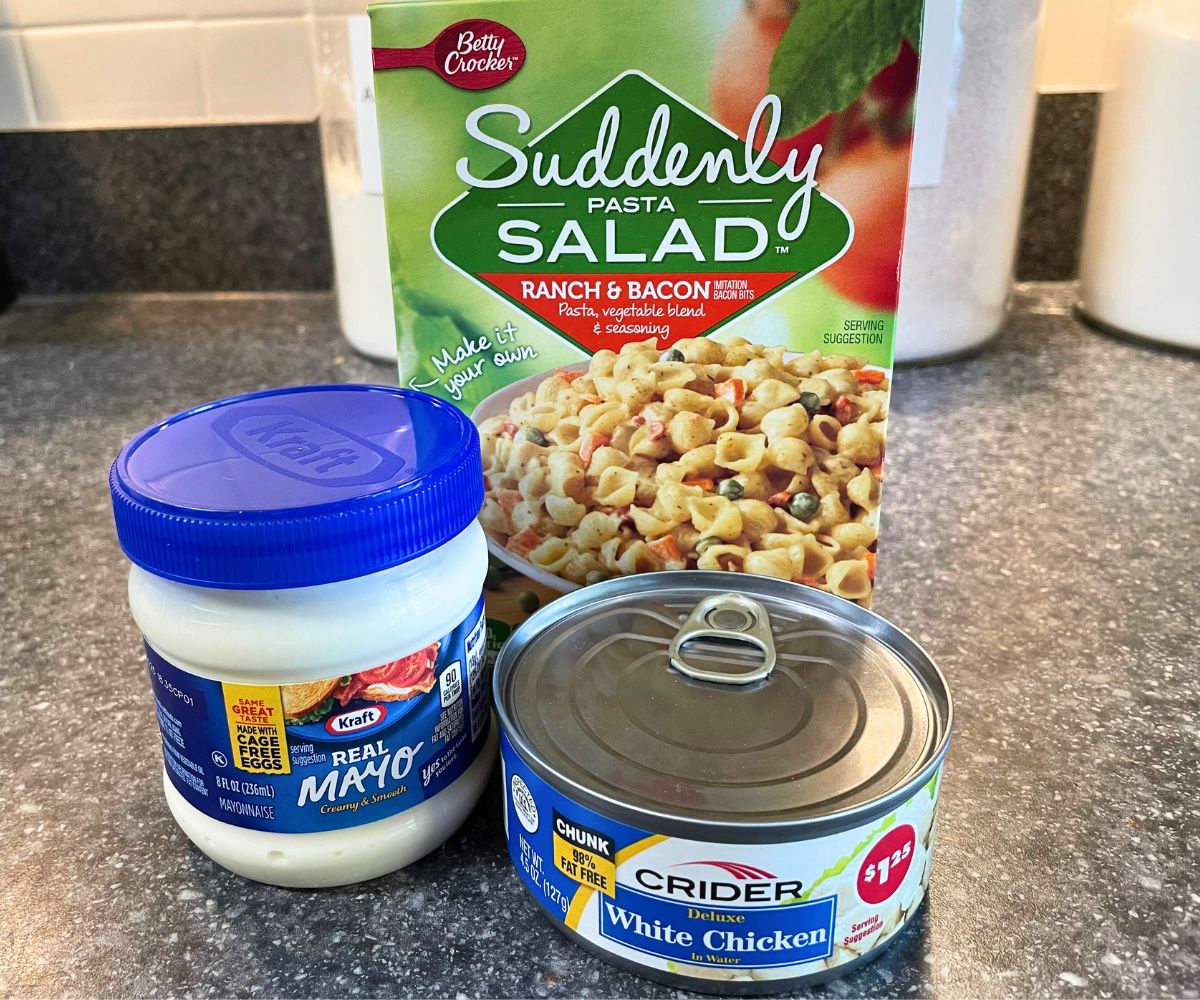 three ingredients to make chicken ranch bacon pasta