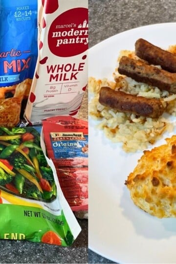 ingredient packages on left and full Dollar Tree meal for 3 on right
