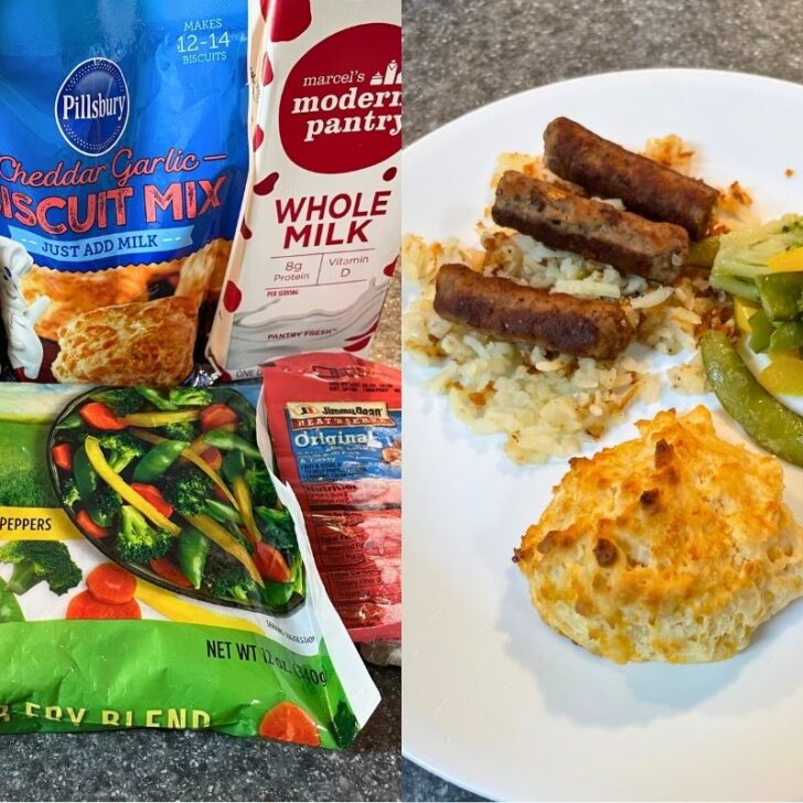 ingredient packages on left and full Dollar Tree meal for 3 on right