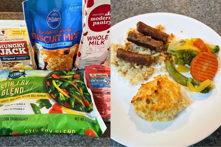 ingredient packages on left and full Dollar Tree meal for 3 on right