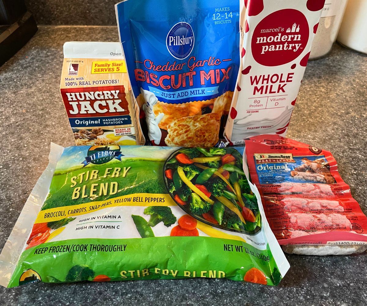 5 packages of dollar tree food on kitchen counter
