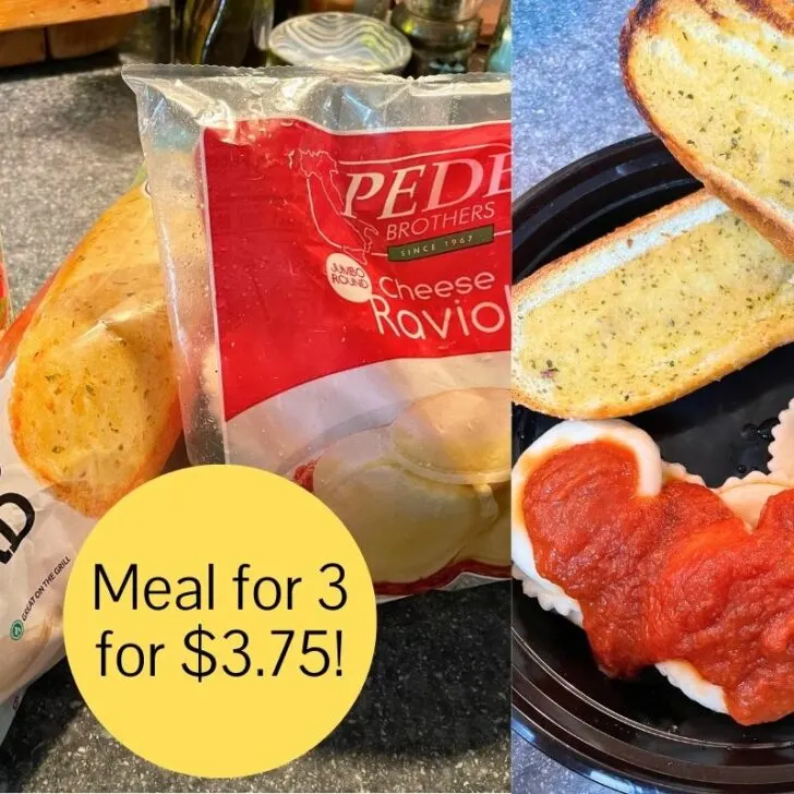 three ingredients on left side, and finished Dollar Tree dinner on the right side