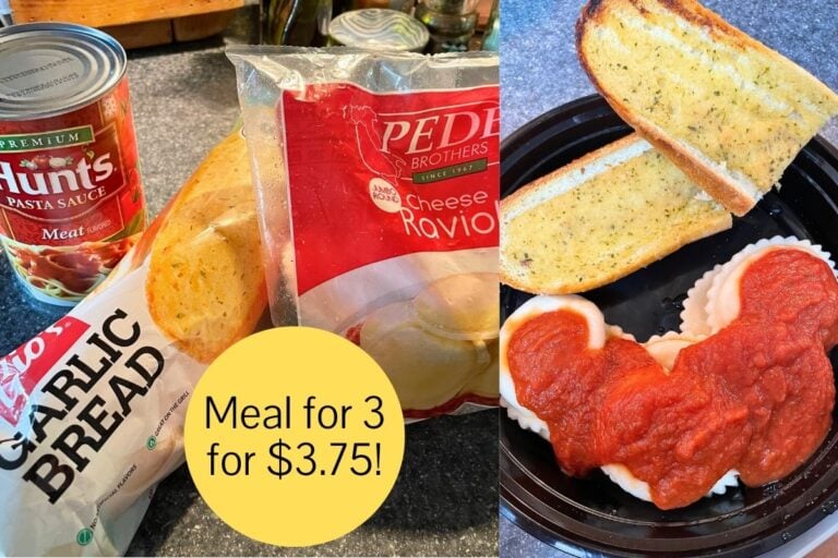 three ingredients on left side, and finished Dollar Tree dinner on the right side