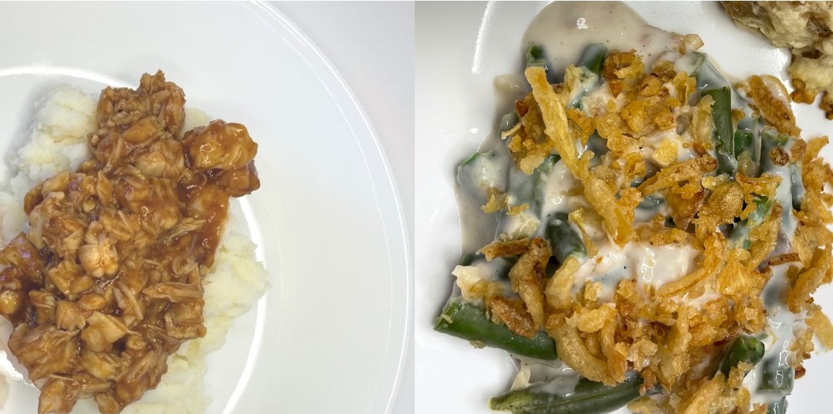 bbq chicken mound on mashed potatoes, next to green bean casserole with crispy onions on top